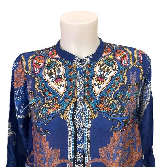 Johnny Was Biza Handkerchief Blue‎ Paisley Buttondown Blouse Tunic Boho Size XS - Picture 2 of 8